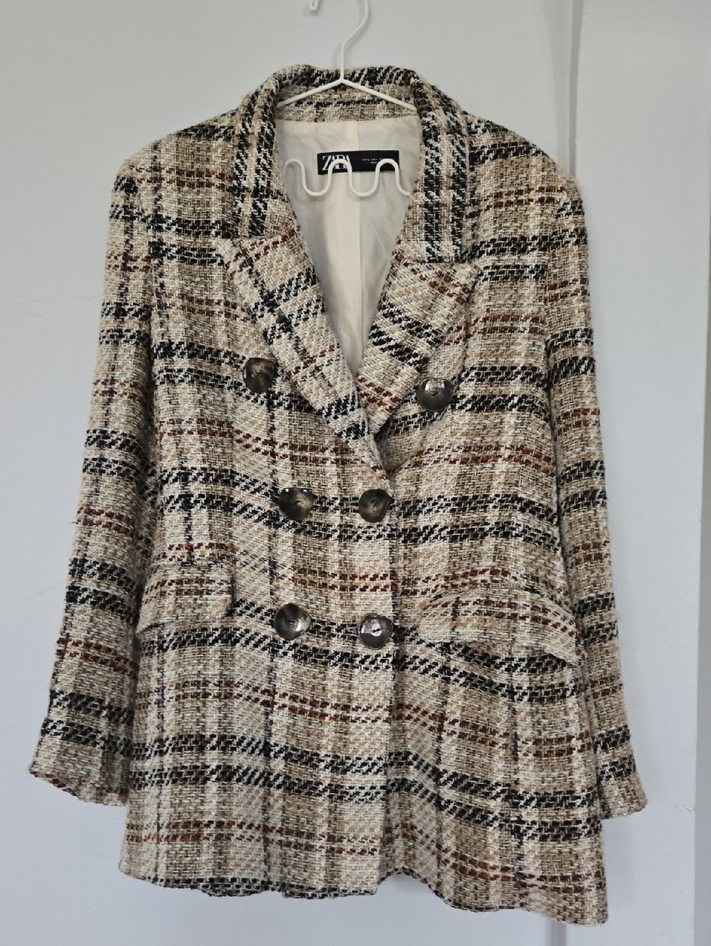 Zara Beige Multi Plaid Double-Breasted Blazer